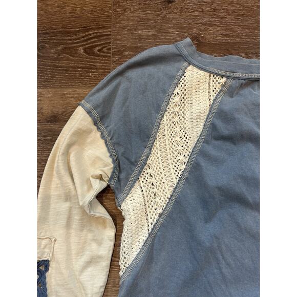 Boho Lace Crochet Raglan Crop Top Blue Cream Western Festival Free People Style - Picture 4 of 7